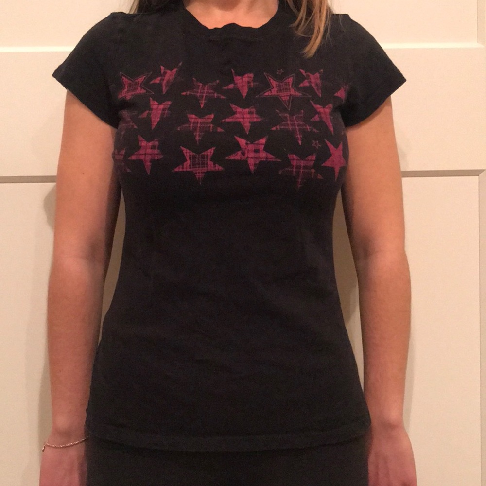 Charlotte Russe Graphic Tee Black with Pink Stars